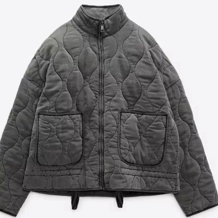 Women's Cropped Quilted Zip-Up Jacket Patch Pockets Drawstring Hem - Dark Grey