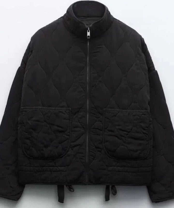 Women's Cropped Quilted Zip-Up Jacket Patch Pockets Drawstring Hem - Black