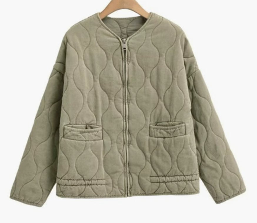 Women's Cropped Quilted Zip-Up Jacket Patch Pockets Drawstring Hem - Olive Green