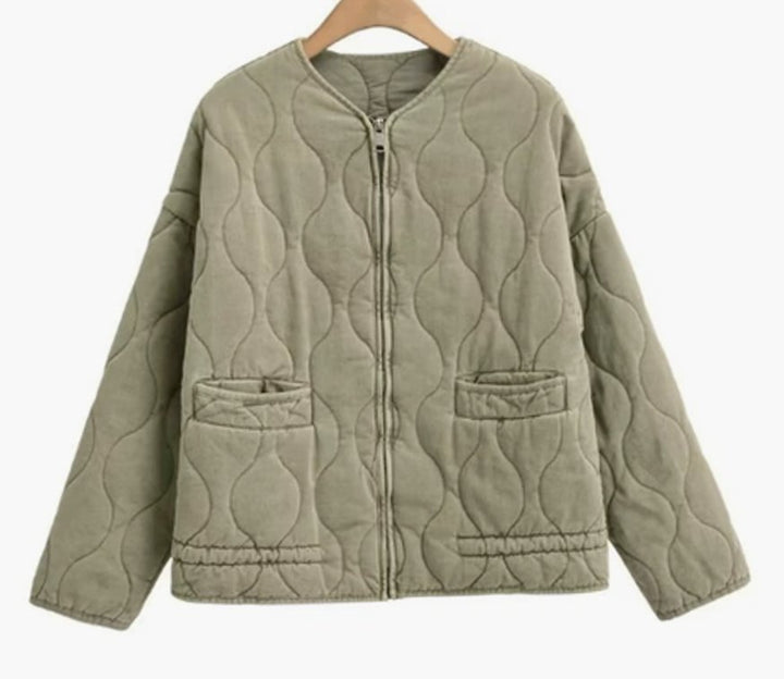 Women's Cropped Quilted Zip-Up Jacket Patch Pockets Drawstring Hem - Olive Green