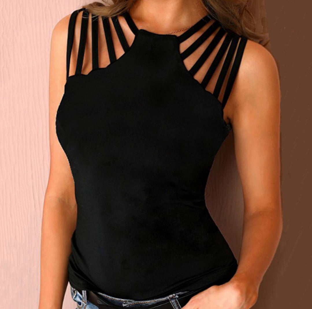 Women's Cut-Out Caged Halter Neck Fitted Bodysuit - Black Style 1