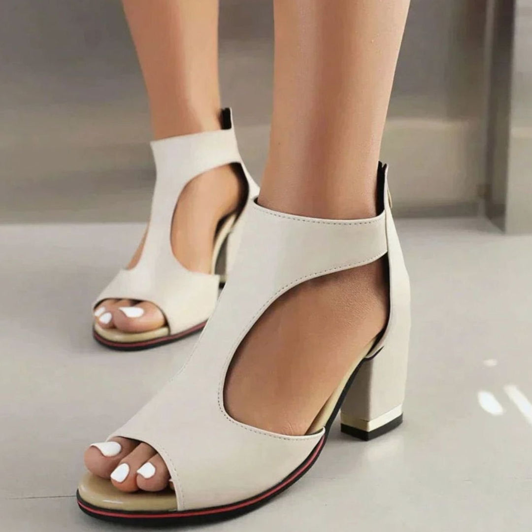 Women's Cut-Out Peep-Toe Block Heel Sandals Gold Detail