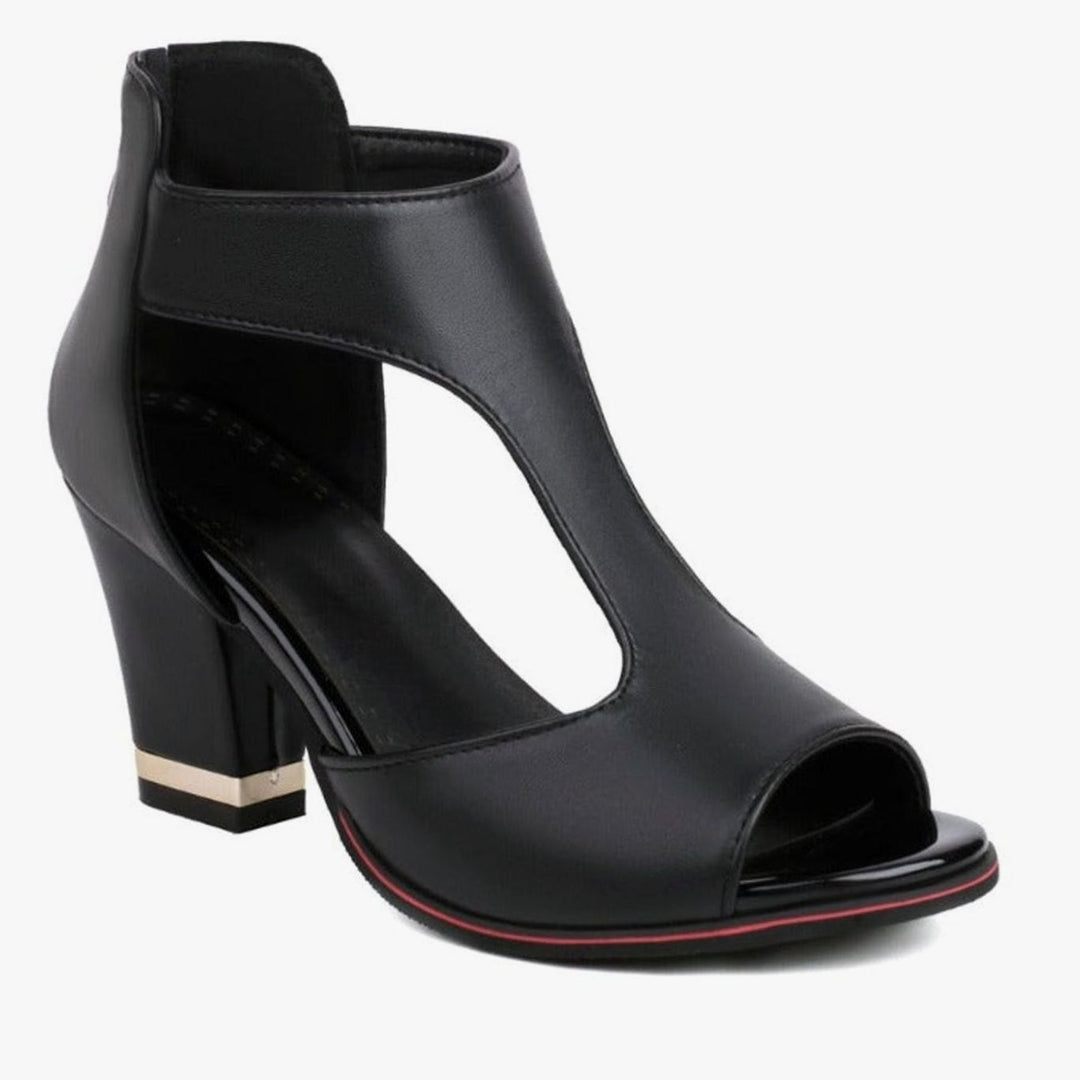 Women's Cut-Out Peep-Toe Block Heel Sandals Gold Detail - Black