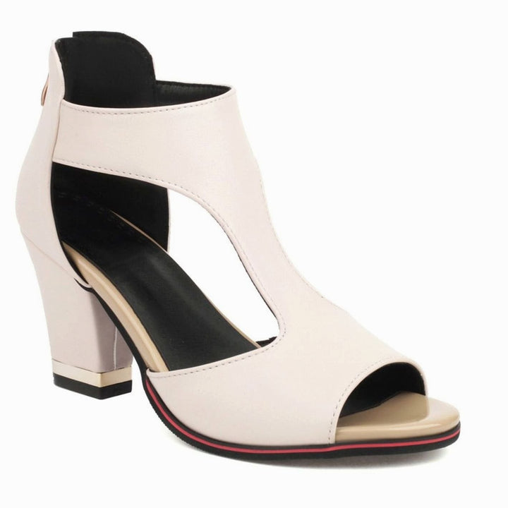 Women's Cut-Out Peep-Toe Block Heel Sandals Gold Detail - Beige
