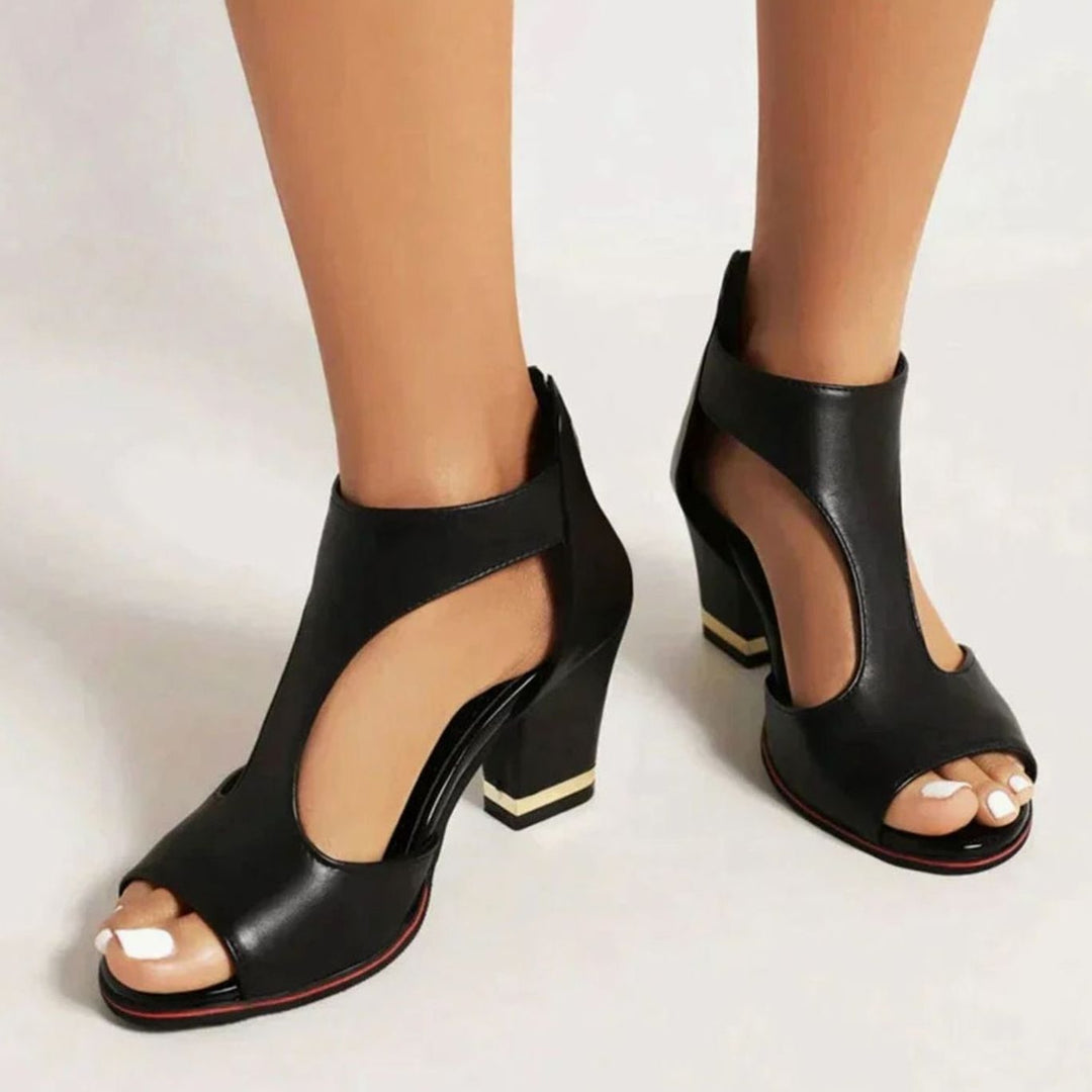 Women's Cut-Out Peep-Toe Block Heel Sandals Gold Detail