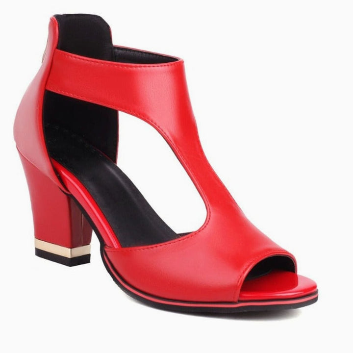 Women's Cut-Out Peep-Toe Block Heel Sandals Gold Detail - Red