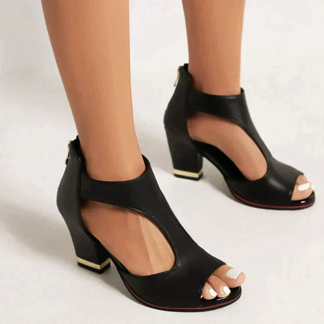 Women's Cut-Out Peep-Toe Block Heel Sandals Gold Detail