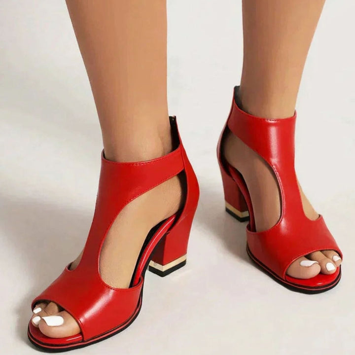 Women's Cut-Out Peep-Toe Block Heel Sandals Gold Detail