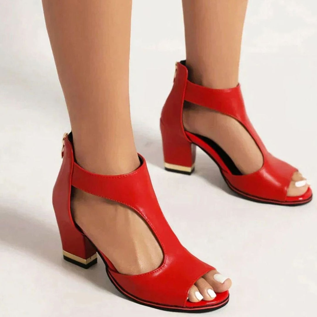 Women's Cut-Out Peep-Toe Block Heel Sandals Gold Detail