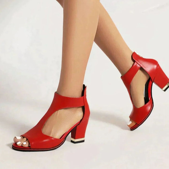 Women's Cut-Out Peep-Toe Block Heel Sandals Gold Detail