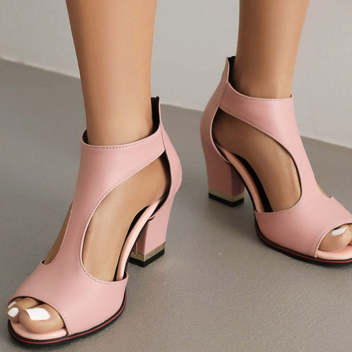 Women's Cut-Out Peep-Toe Block Heel Sandals Gold Detail