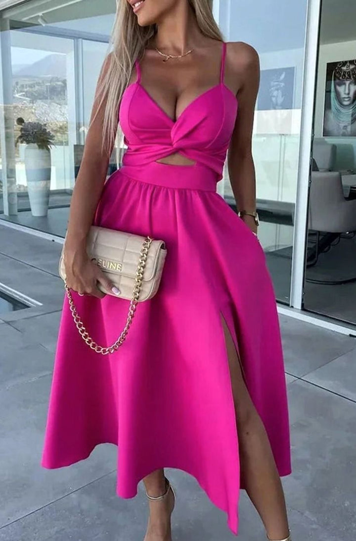 Women's Cut-Out Twist Bodice Spaghetti Strap Front Slit Midi Dress