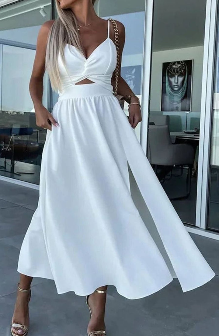 Women's Cut-Out Twist Bodice Spaghetti Strap Front Slit Midi Dress