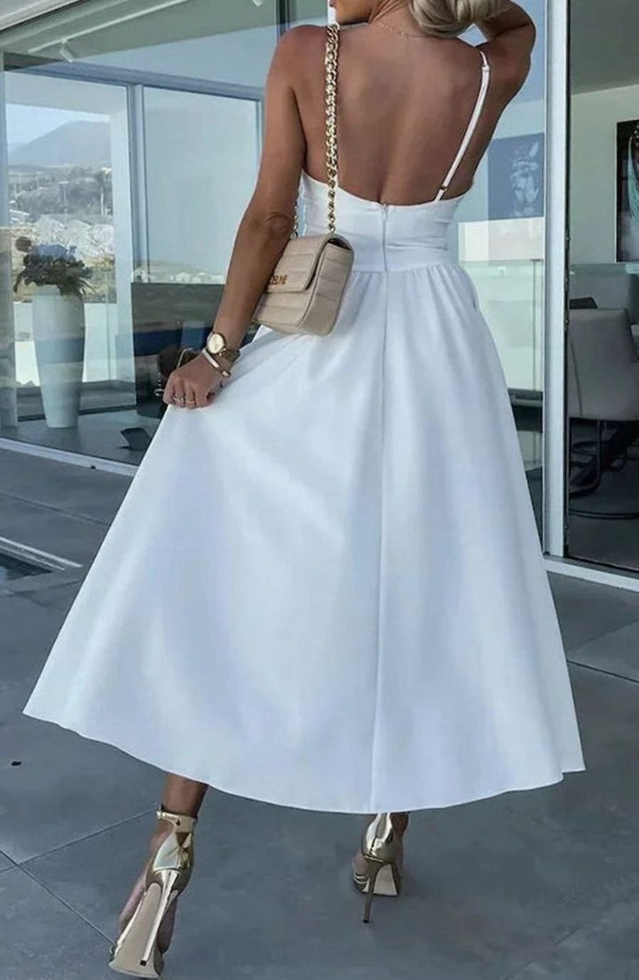 Women's Cut-Out Twist Bodice Spaghetti Strap Front Slit Midi Dress
