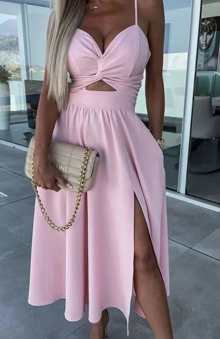 Women's Cut-Out Twist Bodice Spaghetti Strap Front Slit Midi Dress