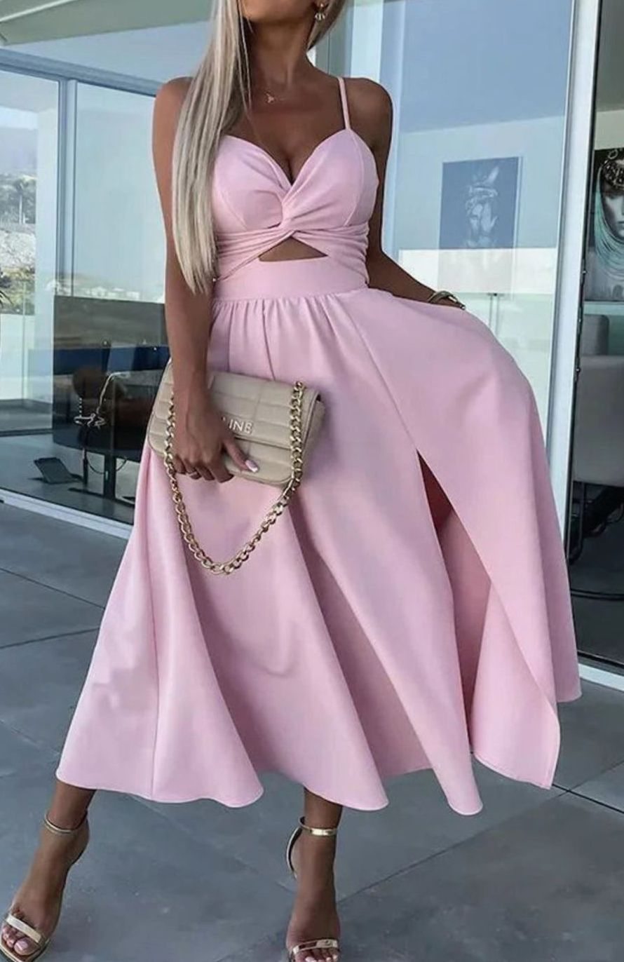 Women's Cut-Out Twist Bodice Spaghetti Strap Front Slit Midi Dress, Hot Pink