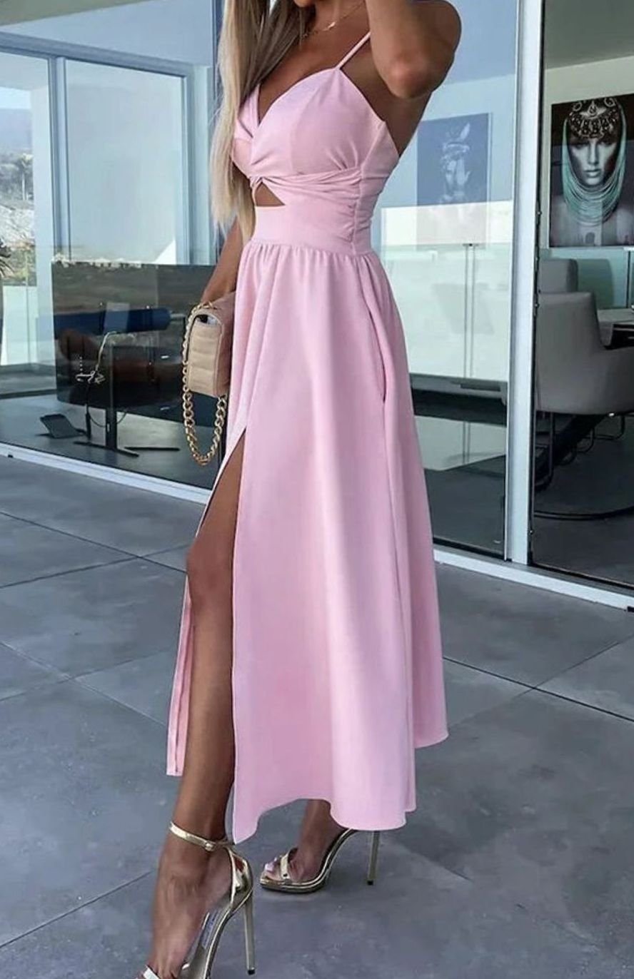 Women's Cut-Out Twist Bodice Spaghetti Strap Front Slit Midi Dress, Hot Pink