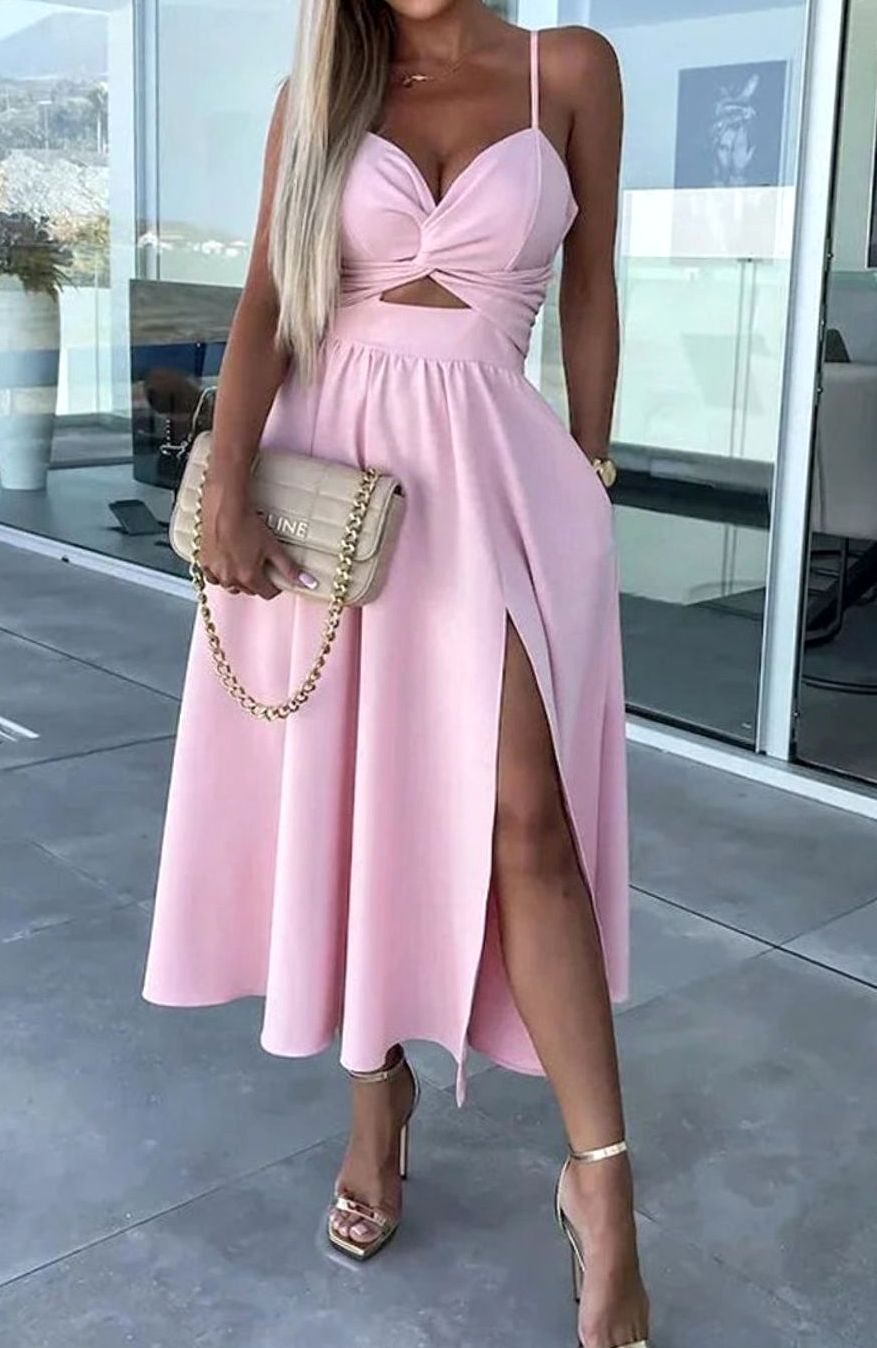Women's Cut-Out Twist Bodice Spaghetti Strap Front Slit Midi Dress, Hot Pink