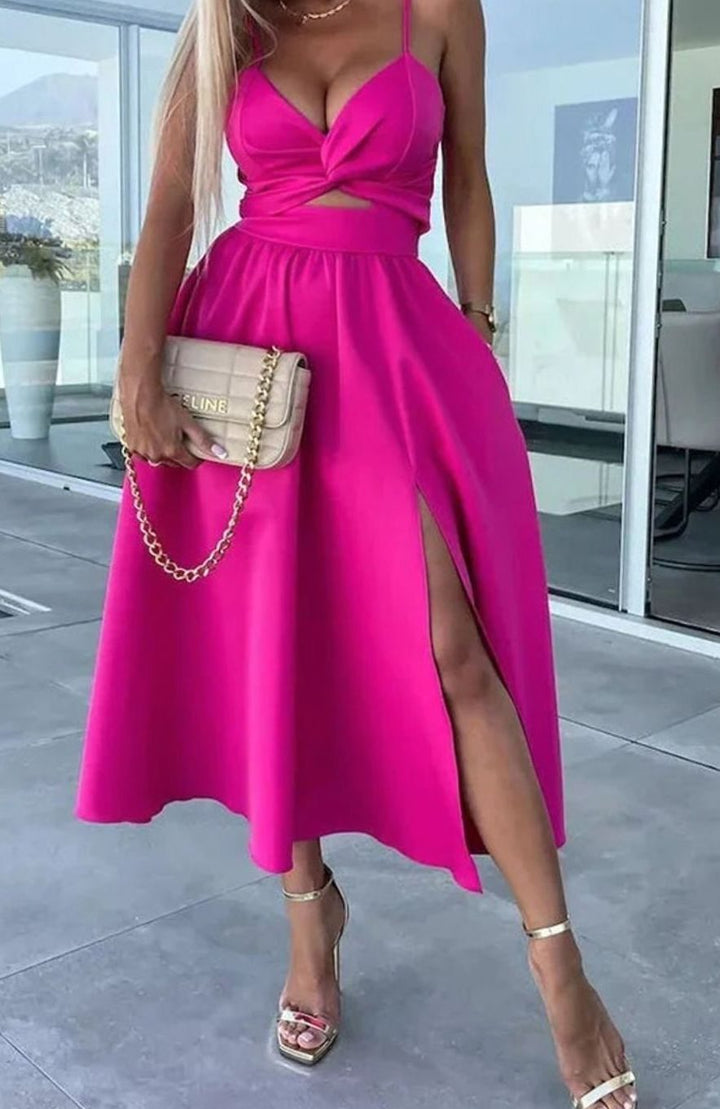 Women's Cut-Out Twist Bodice Spaghetti Strap Front Slit Midi Dress