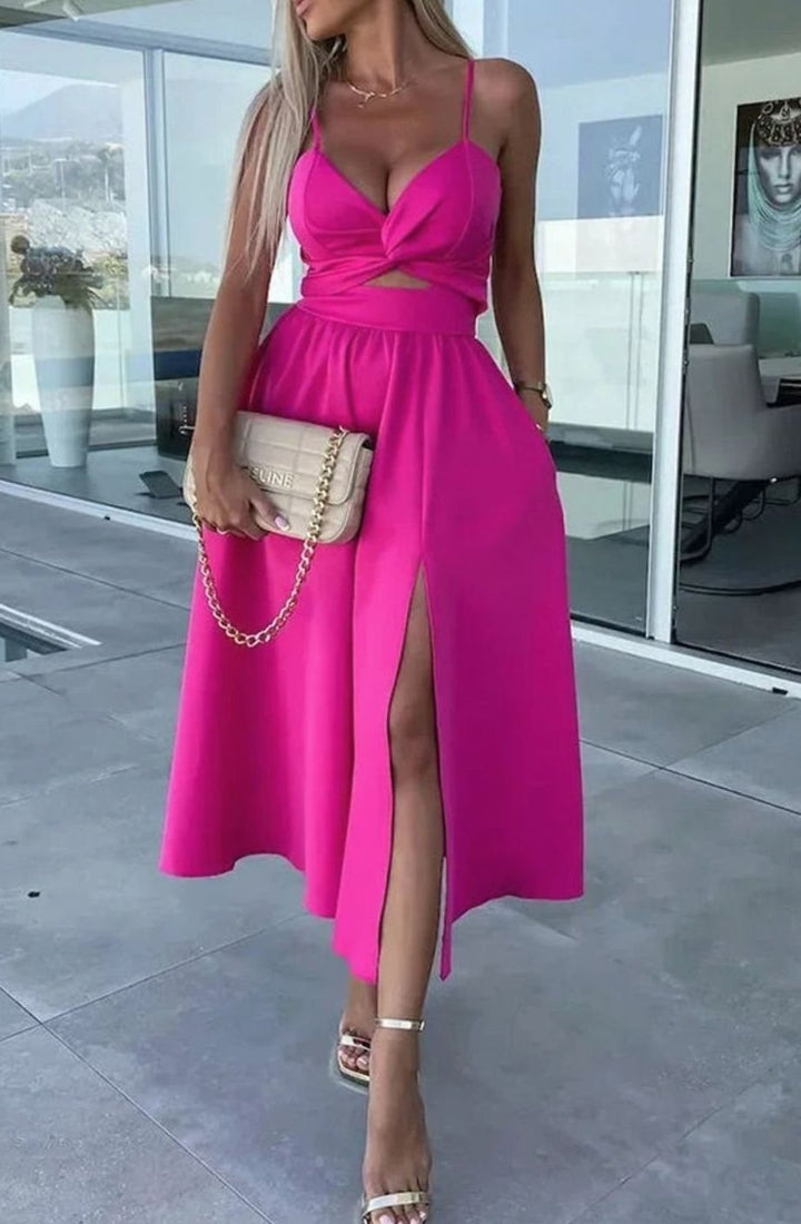 Women's Cut-Out Twist Bodice Spaghetti Strap Front Slit Midi Dress