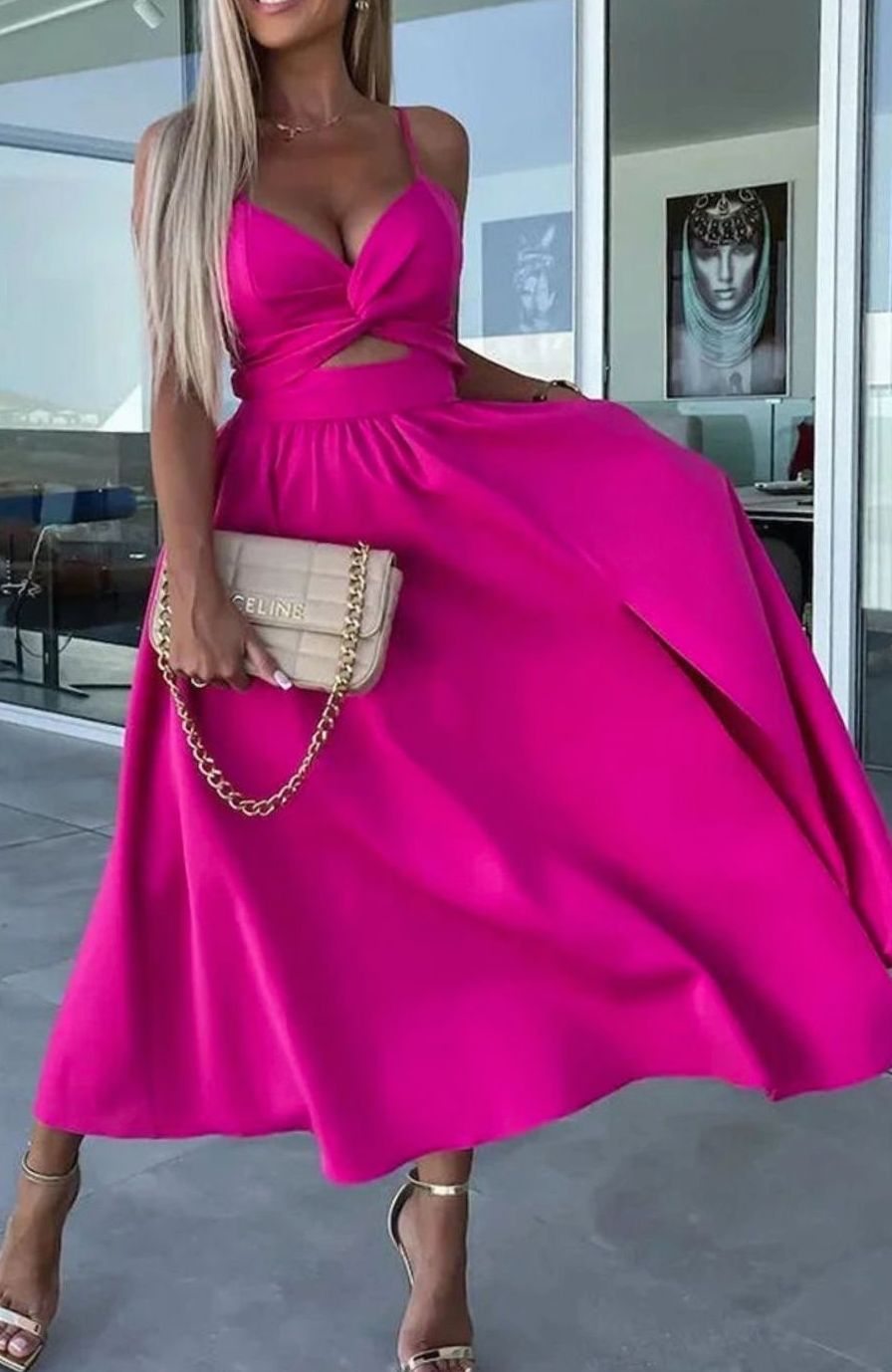 Women's Cut-Out Twist Bodice Spaghetti Strap Front Slit Midi Dress