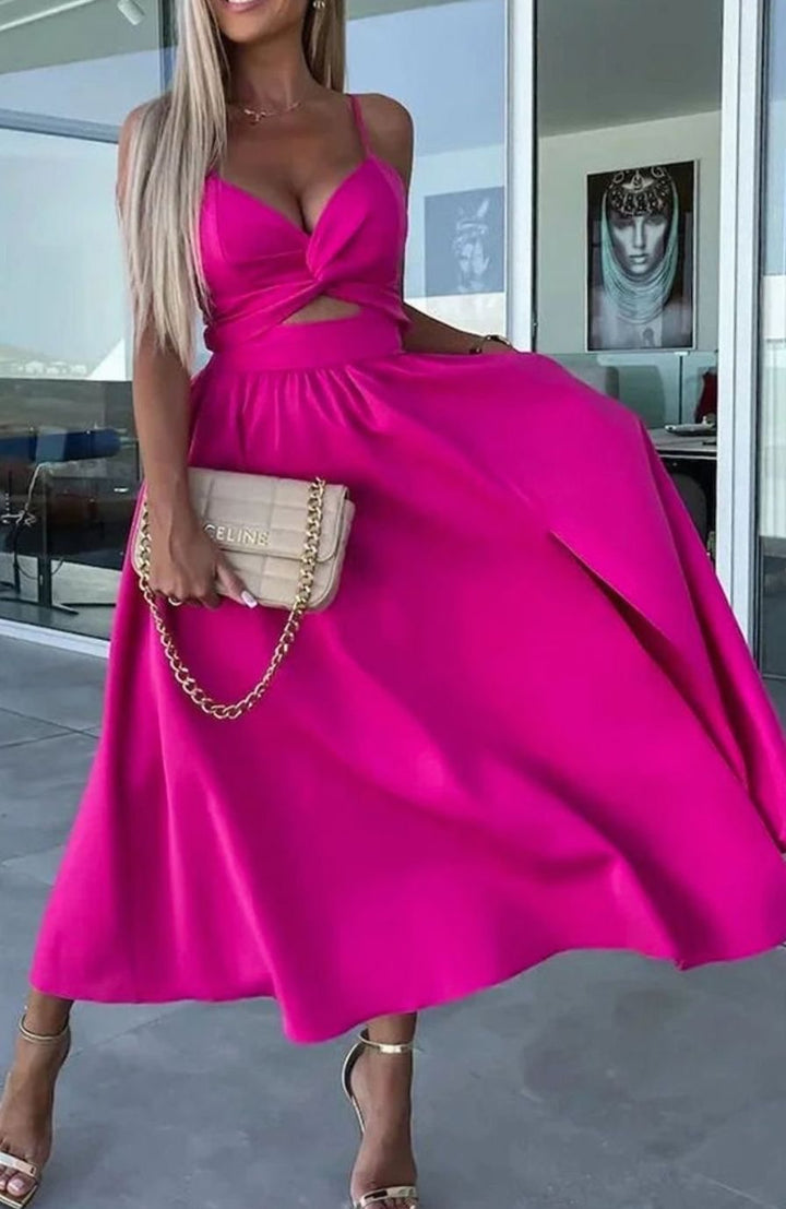 Women's Cut-Out Twist Bodice Spaghetti Strap Front Slit Midi Dress