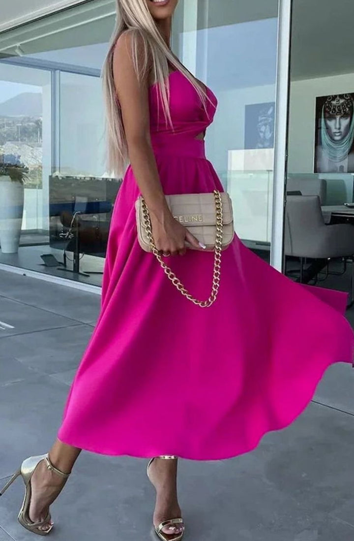 Women's Cut-Out Twist Bodice Spaghetti Strap Front Slit Midi Dress, Hot Pink