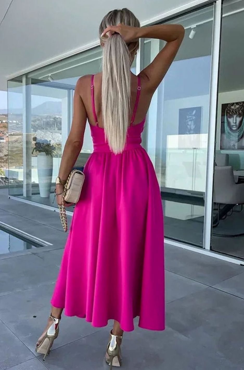 Women's Cut-Out Twist Bodice Spaghetti Strap Front Slit Midi Dress