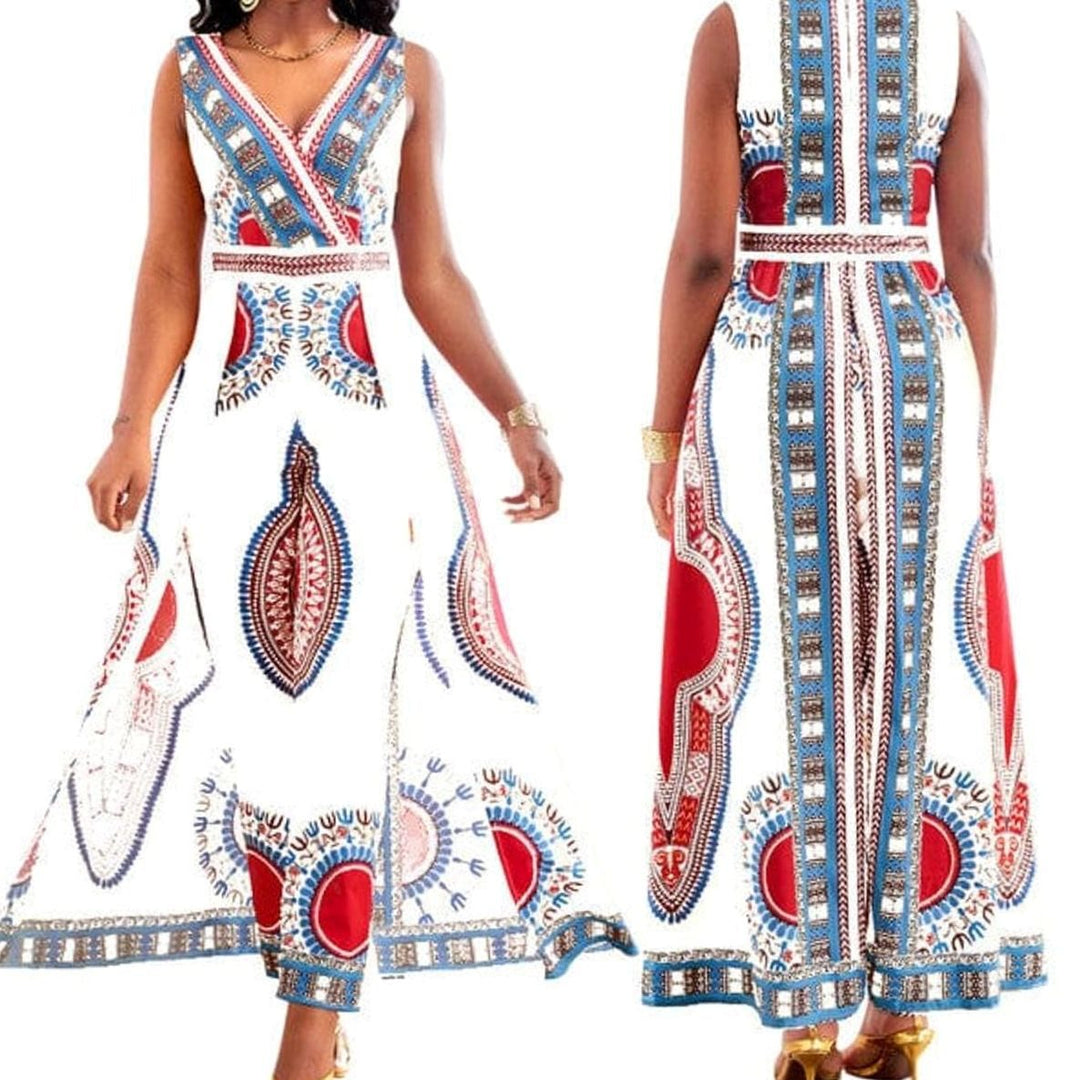 Women's Dashiki African Print V-Neck Wide-Leg Jumpsuit
