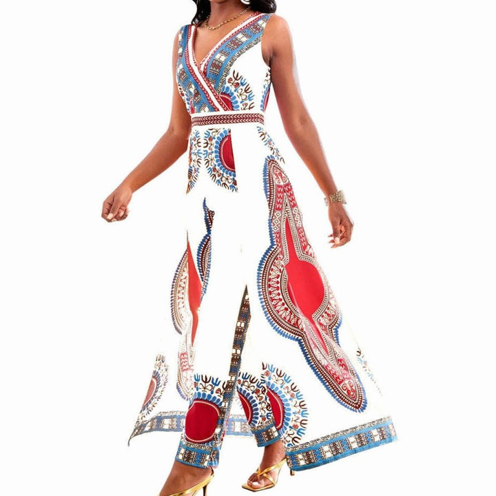 Women's Dashiki African Print V-Neck Wide-Leg Jumpsuit