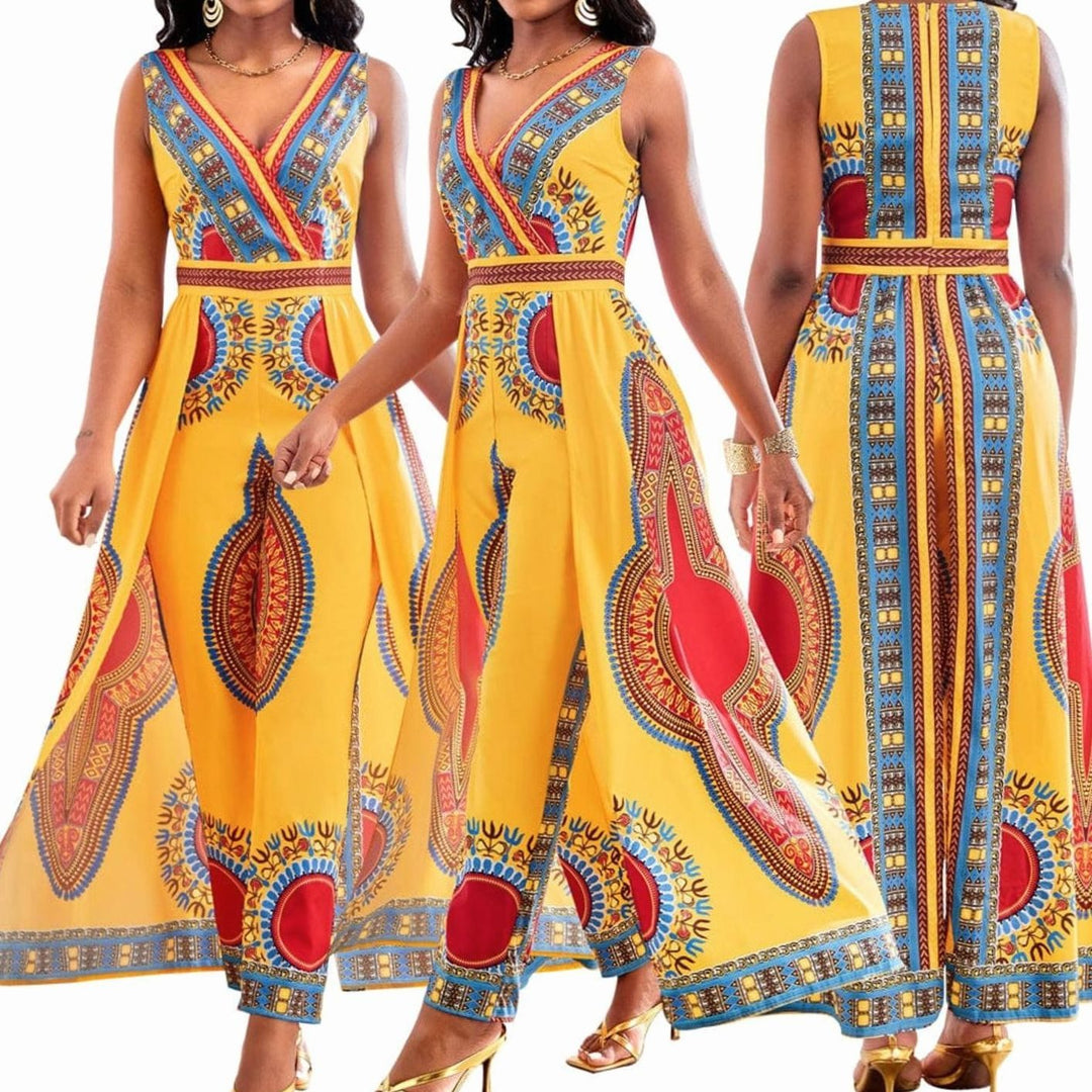 Women's Dashiki African Print V-Neck Wide-Leg Jumpsuit