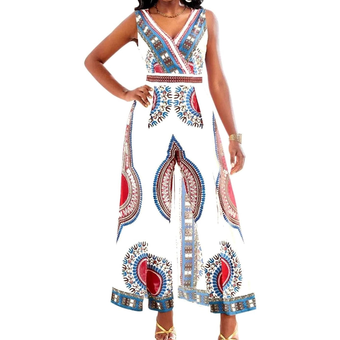 Women's Dashiki African Print V-Neck Wide-Leg Jumpsuit - White