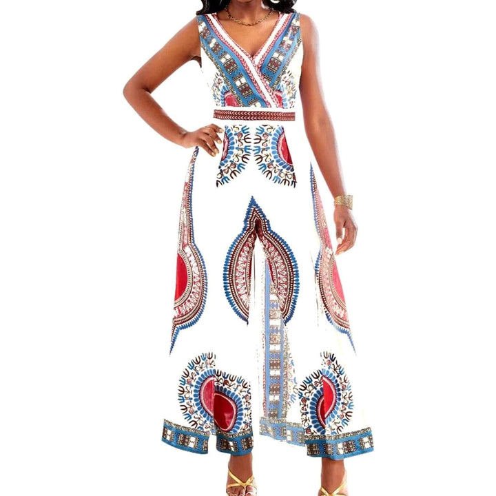 Women's Dashiki African Print V-Neck Wide-Leg Jumpsuit - White