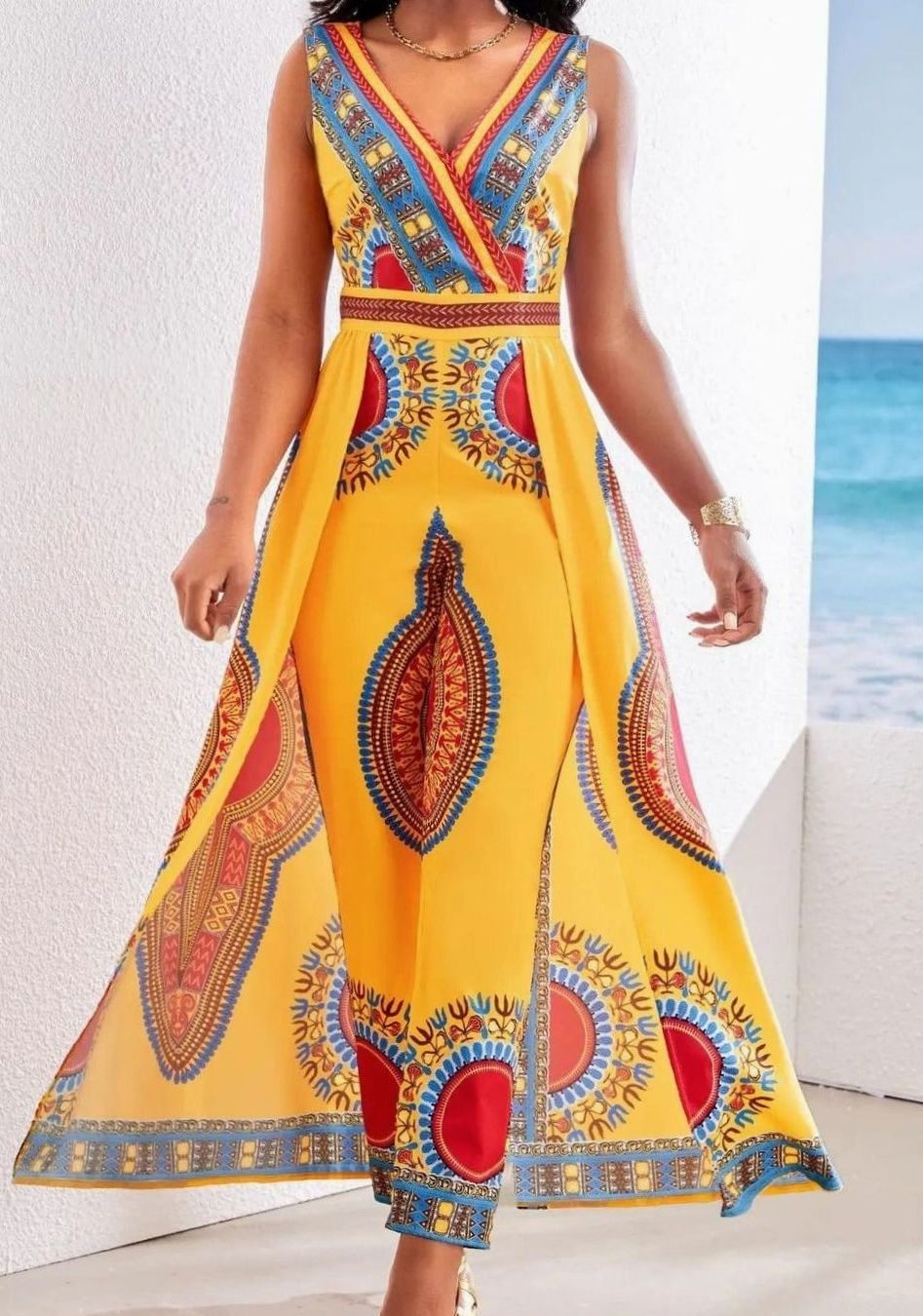 Women's Dashiki African Print V-Neck Wide-Leg Jumpsuit - Yellow