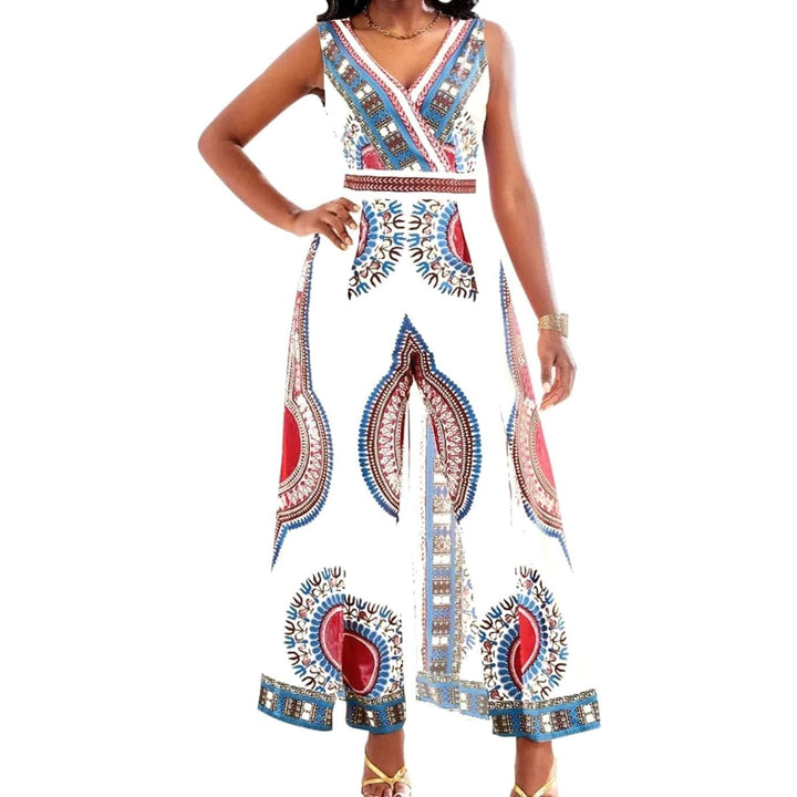 Women's Dashiki African Print V-Neck Wide-Leg Jumpsuit