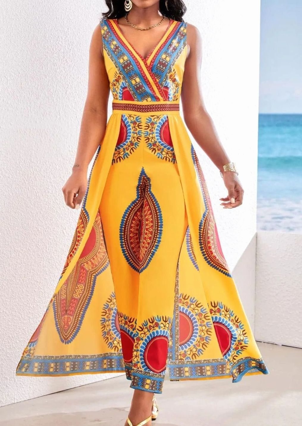 Women's Dashiki African Print V-Neck Wide-Leg Jumpsuit