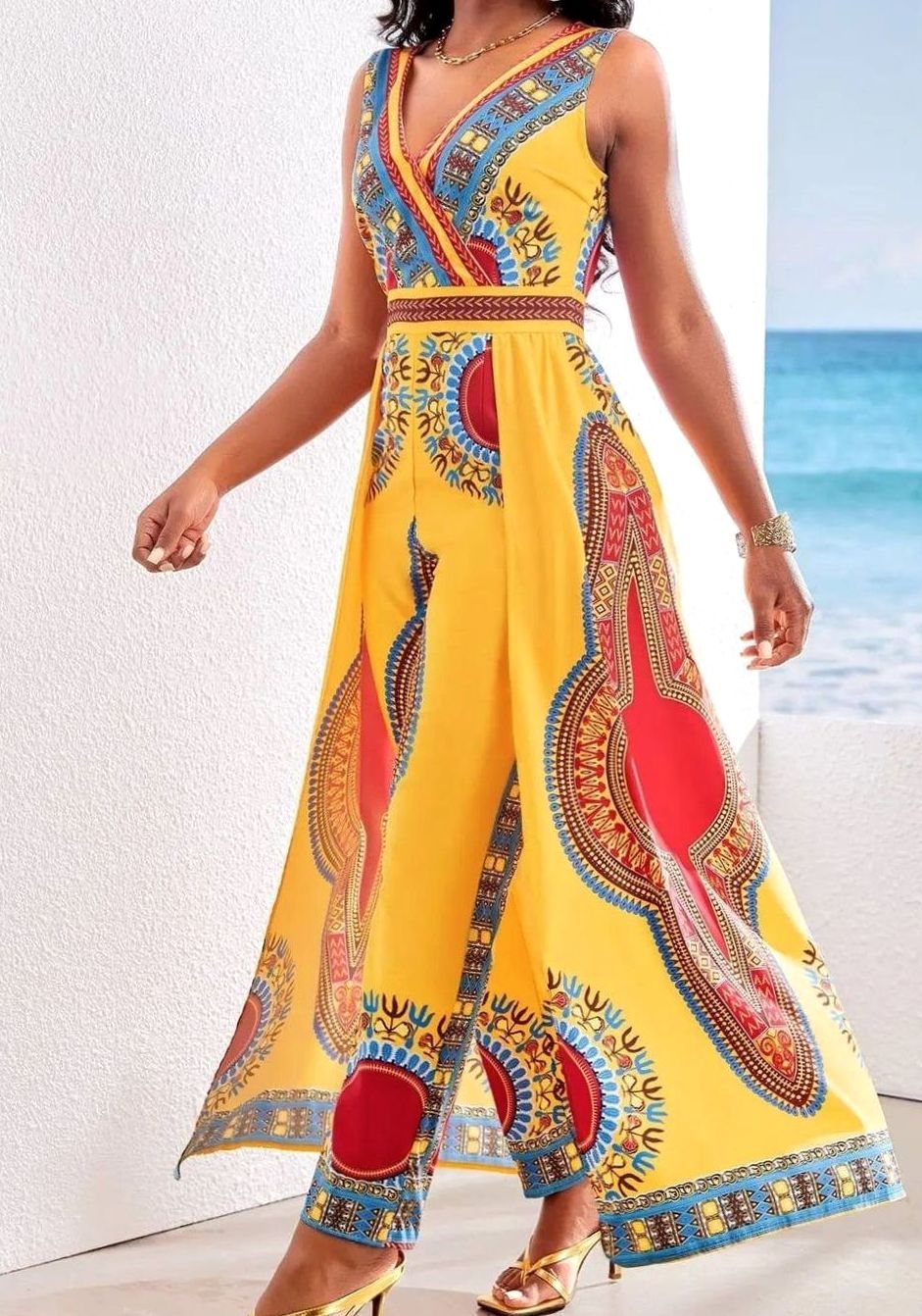 Women's Dashiki African Print V-Neck Wide-Leg Jumpsuit