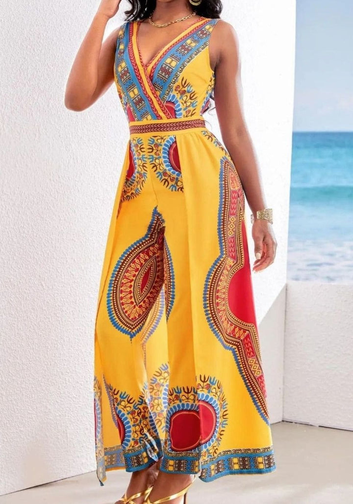 Women's Dashiki African Print V-Neck Wide-Leg Jumpsuit