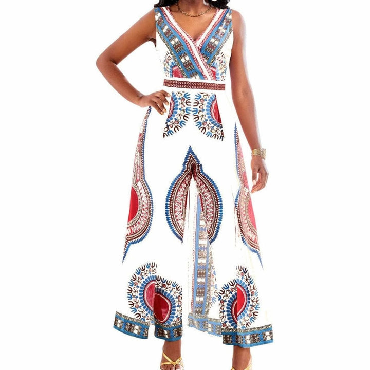 Women's Dashiki African Print V-Neck Wide-Leg Jumpsuit