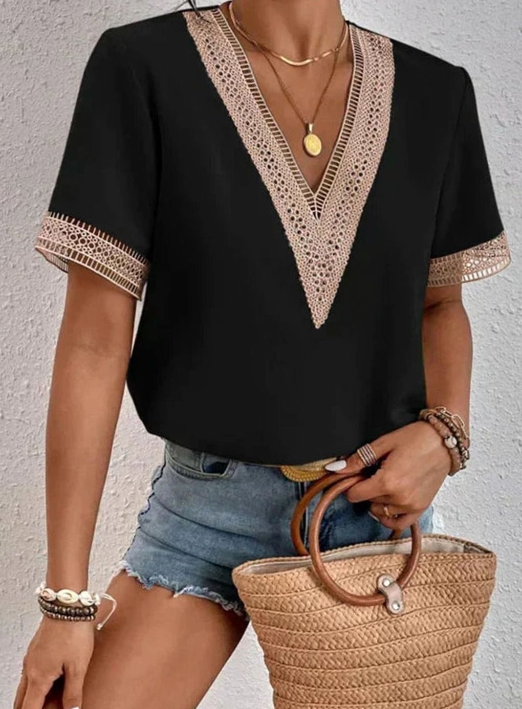Women's Deep V-Neck Lace-Trim Short-Sleeve Cotton Blouse - Black