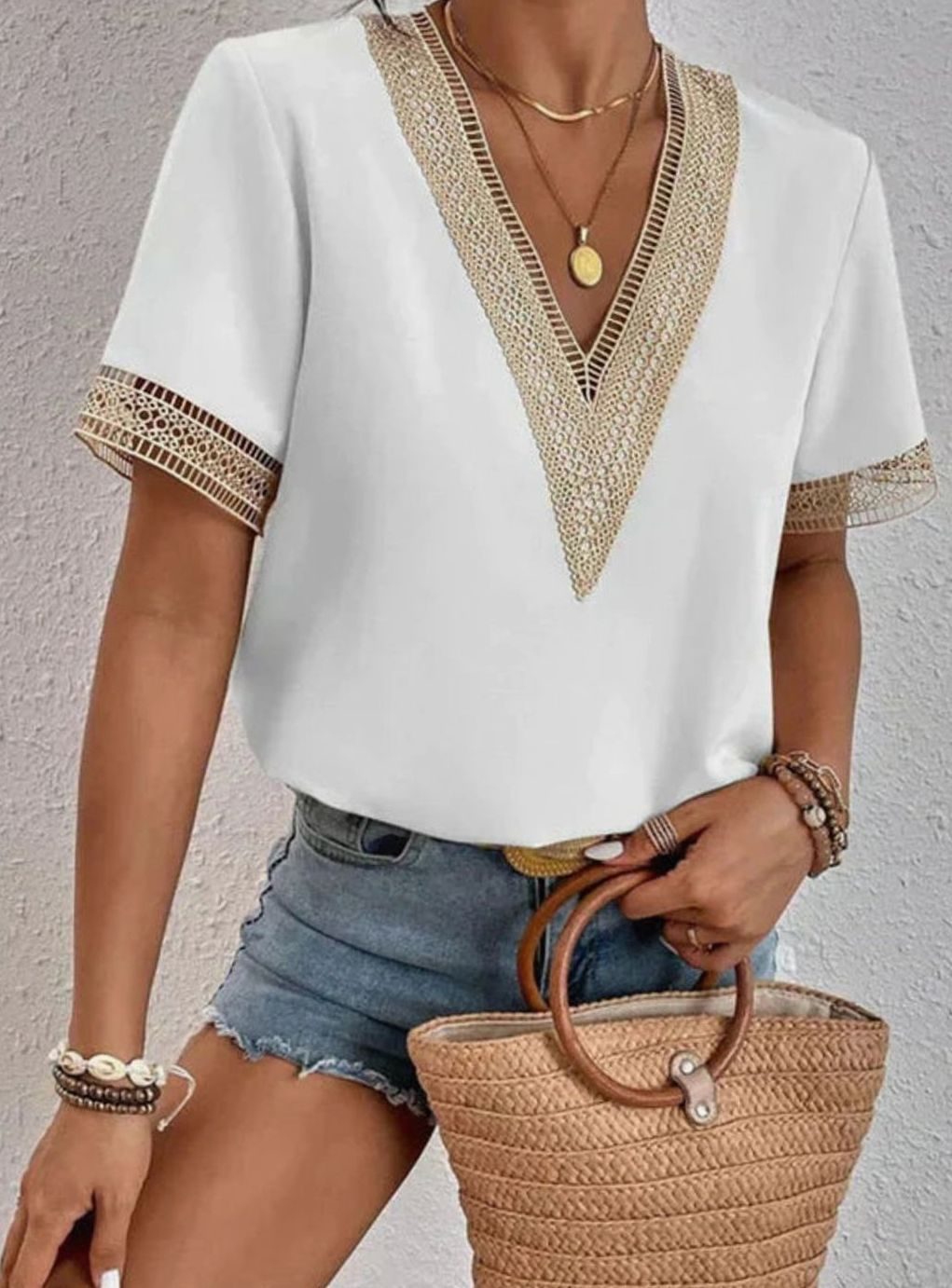 Women's Deep V-Neck Lace-Trim Short-Sleeve Cotton Blouse - White