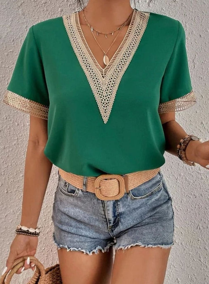 Women's Deep V-Neck Lace-Trim Short-Sleeve Cotton Blouse - Green