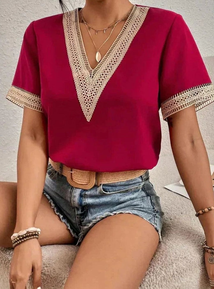 Women's Deep V-Neck Lace-Trim Short-Sleeve Cotton Blouse - Red