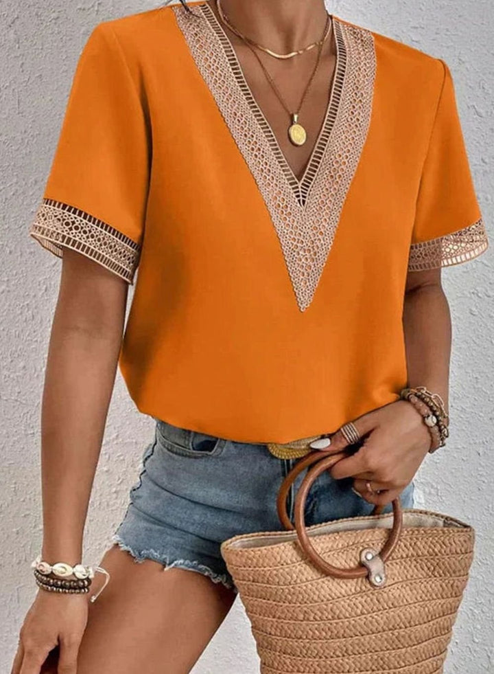 Women's Deep V-Neck Lace-Trim Short-Sleeve Cotton Blouse - Orange