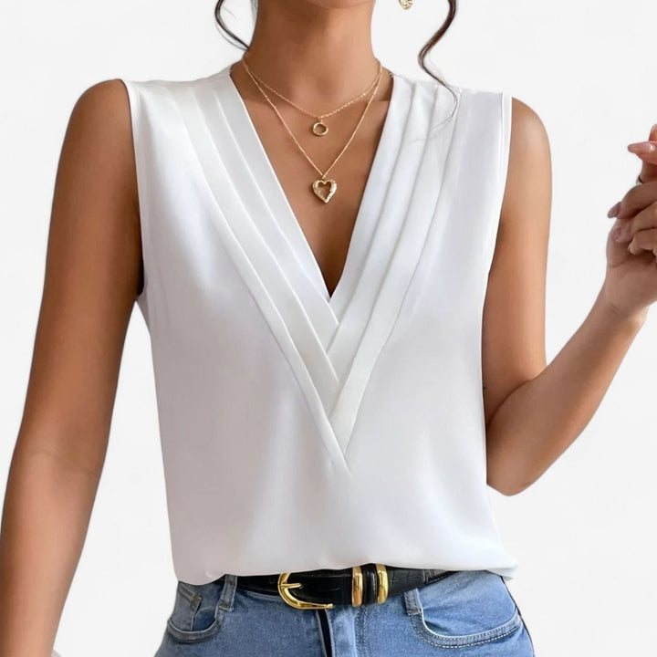 Women's Deep V-Neck Sleeveless Pleated Loose Blouse - White