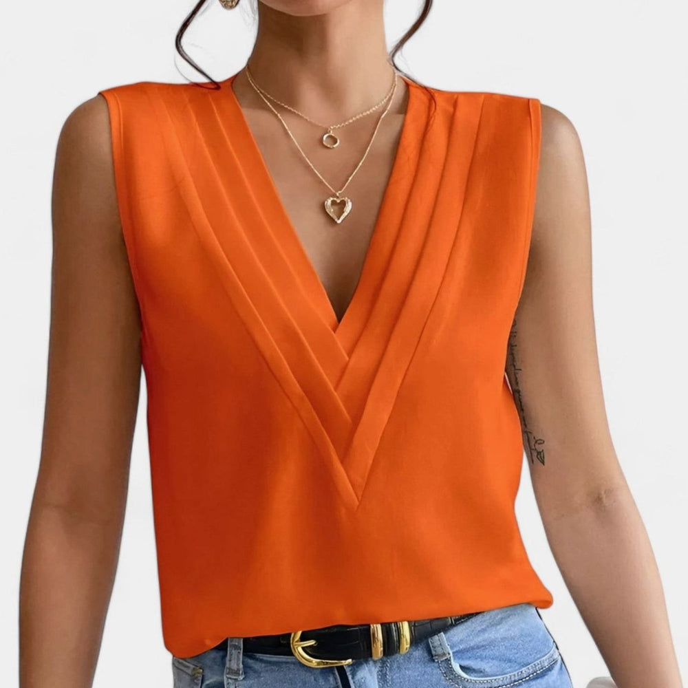Women's Deep V-Neck Sleeveless Pleated Loose Blouse - Orange