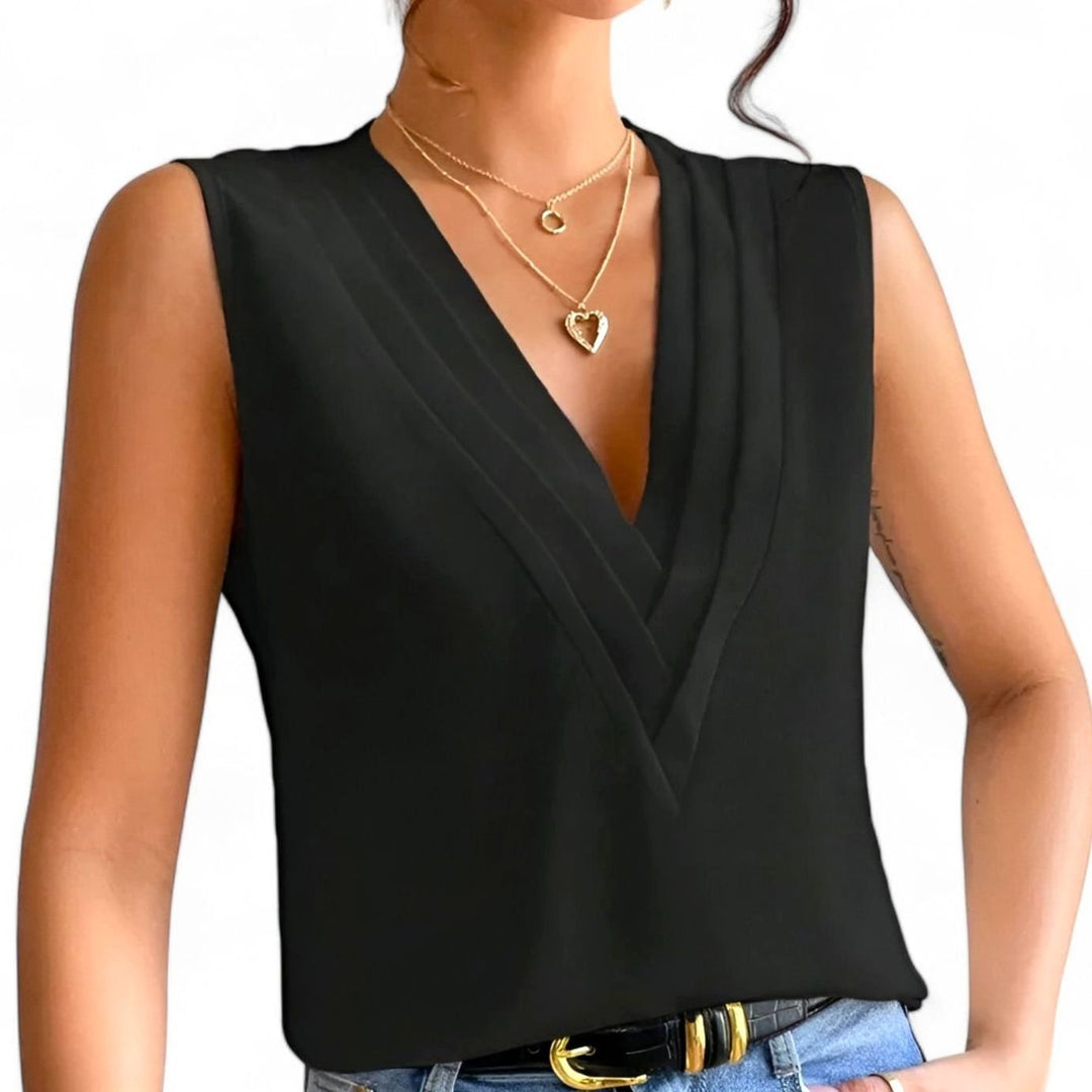 Women's Deep V-Neck Sleeveless Pleated Wrap Blouse - Black