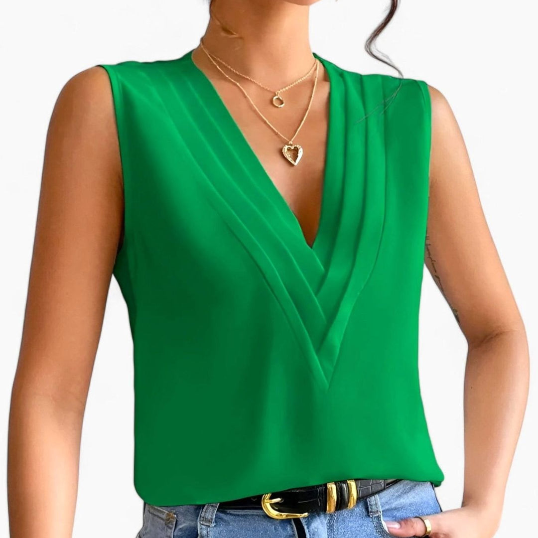 Women's Deep V-Neck Sleeveless Pleated Wrap Blouse - Green