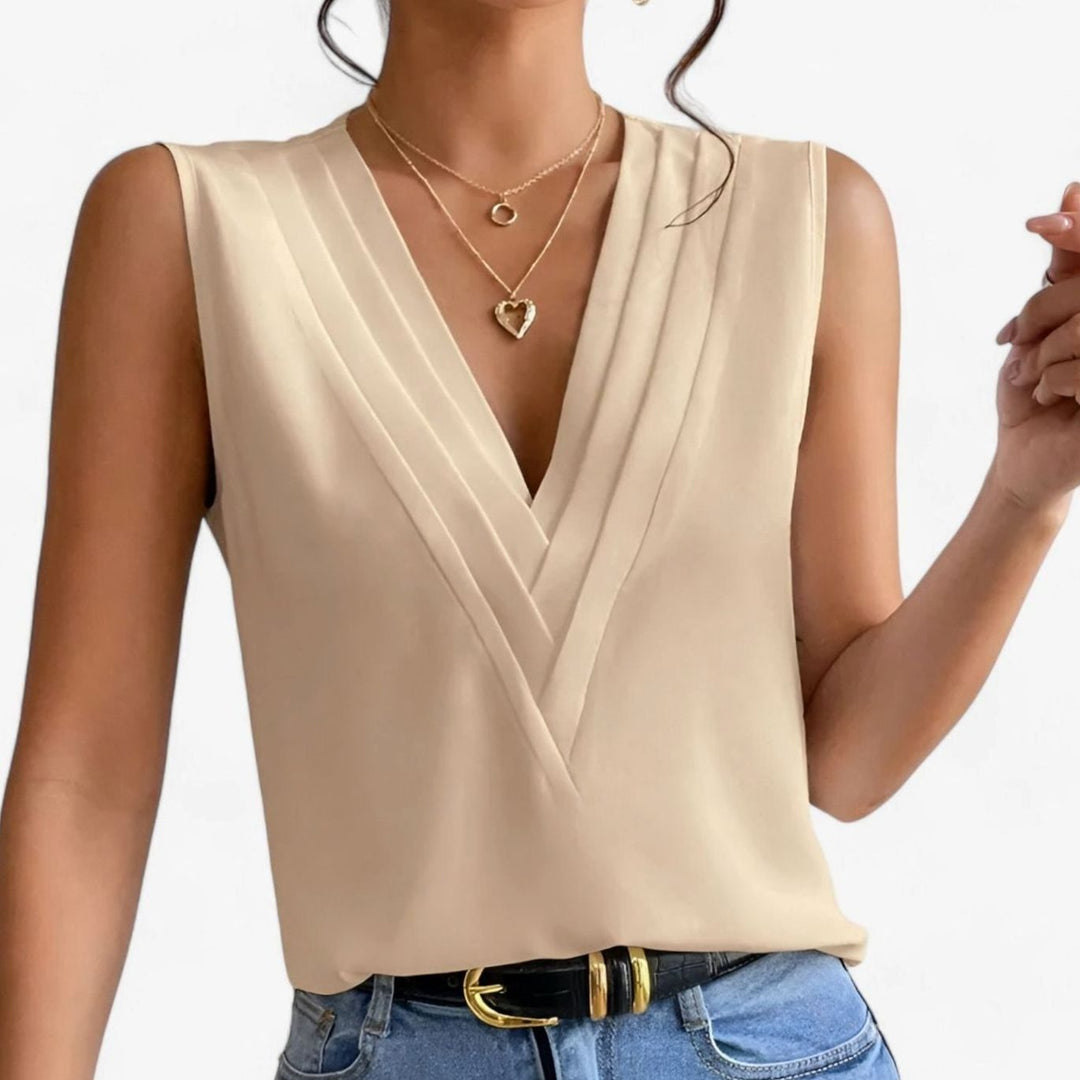 Women's Deep V-Neck Sleeveless Pleated Wrap Blouse - Khaki
