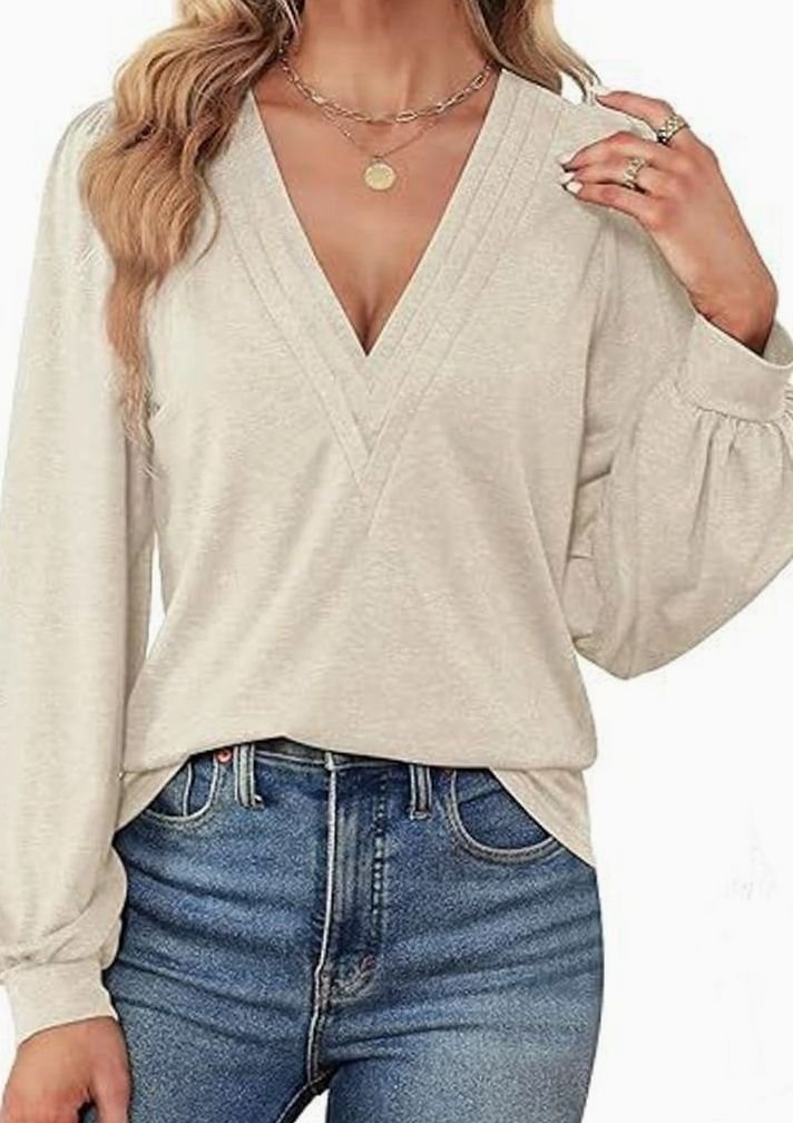 Women's Deep V-Neck Wrap-Front Balloon Sleeve Blouse